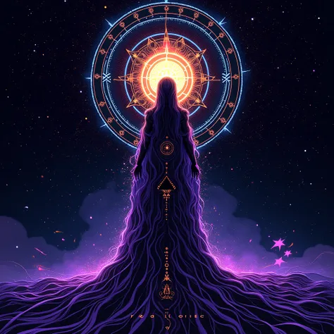 Create a bold, high-quality futuristic and cosmic illustration using only the colors purple (#6A0DAD), neon blue (#00FFFF), golden orange (#FFA500), and black (#000000).The background consists of a deep black cosmic space filled with layered fractal design...