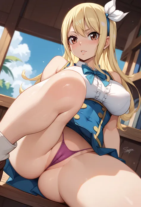 Lucy heartfilia from fairy tail, large breasts, upskirt, tight panties, cameltoe, blushing, tiny panties, thong, g-string