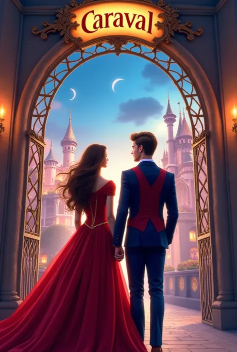  A fantasy style image .  A couple in their 20s. The white woman , com  brown hair ,  in a red princess dress . the dark man,  brown hair , navy blue suit, with a burgundy vest , Royal blue tie. In the background, At the entrance to a magical city , all li...