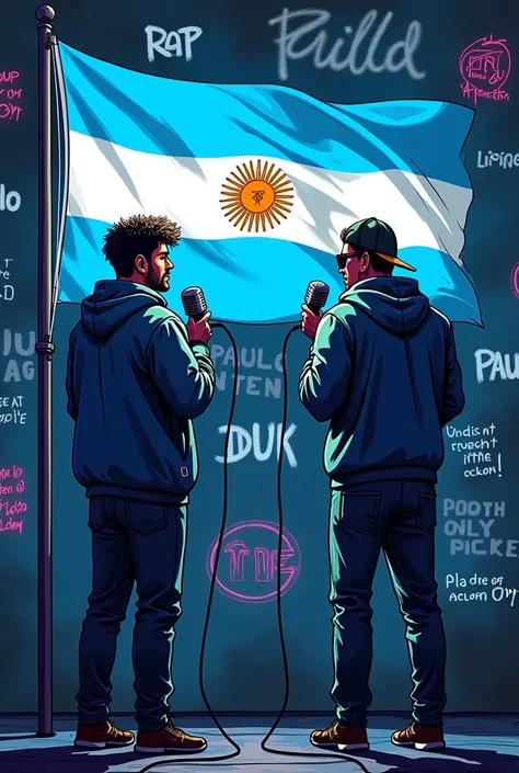 An urban artistic composition inspired by Paulo Londra and Duki where only their names appear.  It includes symbolic elements such as microphones ,  headphones and graffiti with lyrics from their most iconic songs . The Argentine flag flies in the backgrou...