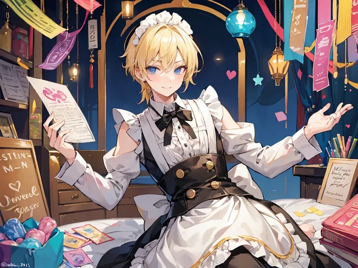 The blonde merchant man holds hundreds of colorful condoms and winks with a mischievous expression in maid clothes