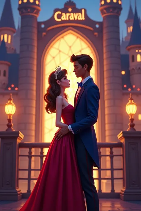  A fantasy style image .  A couple in their 20s. The white woman , com  brown hair ,  in a red princess dress . The black man ,  brown hair , navy blue suit, with a burgundy vest , Royal blue tie. In the background, At the entrance to a magical city , all ...