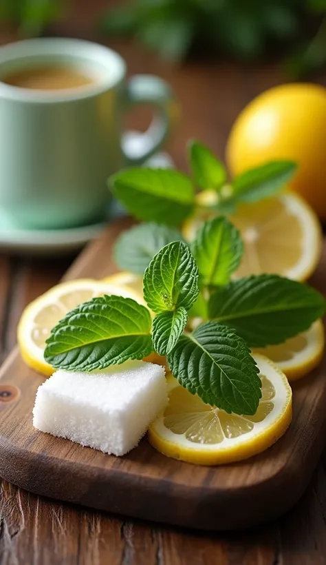 Hgraphic elements, Dynamic Light, Cinematics, HDR, UHD, professional PHOTOGRAPH OF:Exquisite food arrangement ： shows a set of fresh mint leaves 、green tea、 A scene where rock sugar and lemon slices are neatly arranged， The background can be a wooden table...