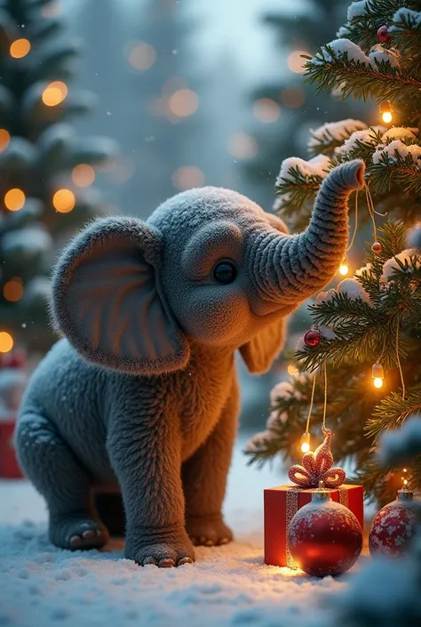  Christmas details :

garlands , fir trees, snowflakes, present.
 Glowing lights on trees or bushes .
 Interactivity with animals :

Собака играет возле fir trees или бежит по снегу.
 An elephant with a trunk holds a garland or New Year ball.
Light & Color...