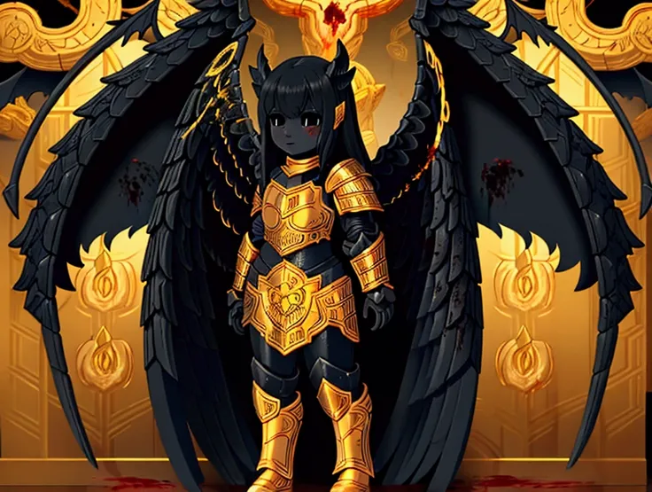 loli, (((((full body))))), ((((black angel wings)))), (((black full body armor with golden carving))), ((blood on armor and wings)), absurdly long hair, drill hair