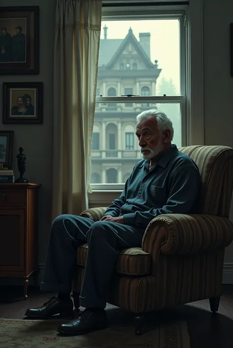 Glass reflecting an old man with white hair standing behind a girl 