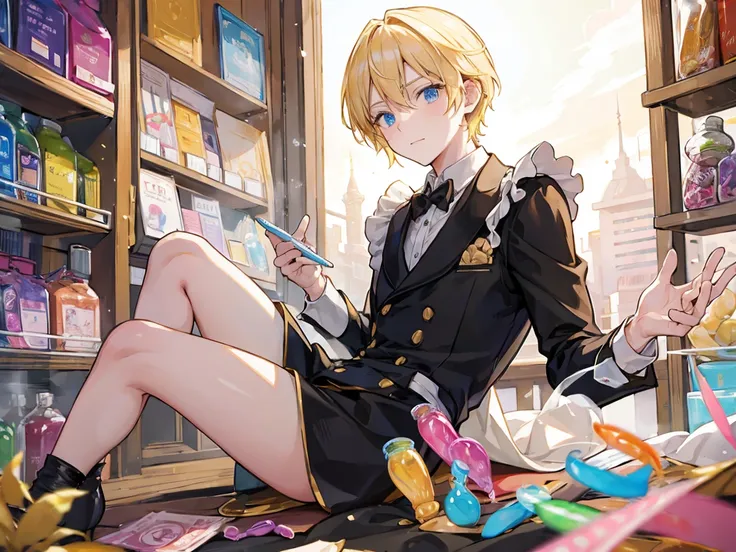 The blonde merchant man holds hundreds of colorful condoms and is half-naked in a maids suit