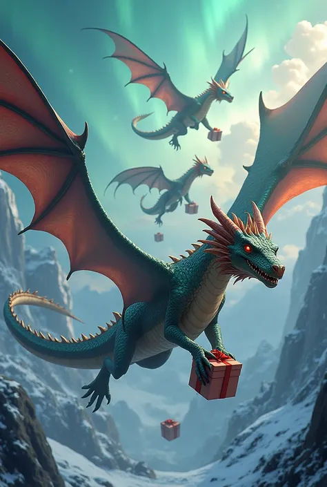 An image of flying dragons with presents in their hands 