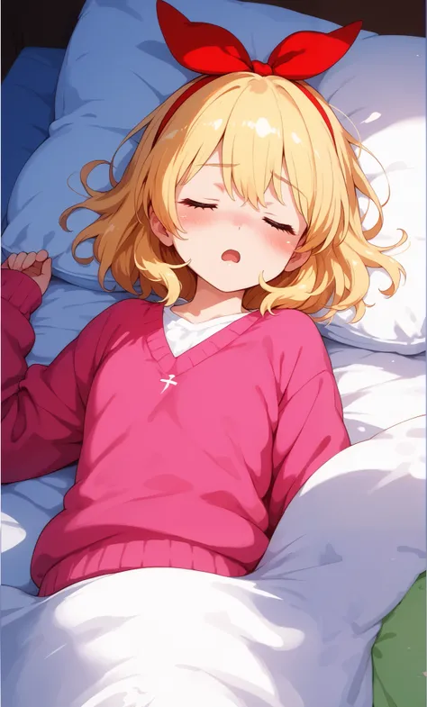 Blonde girl sleeping on a white pillow, (red ribbon on headband: 1.2), , one girl, alone, eyes closed, blonde hair, blushing, sexually aroused, super asleep Orgasm: 9.9, Super Orgasm While Sleeping: 9.9, Super Orgasm While Sleeping: 9.9, Super Orgasm While...