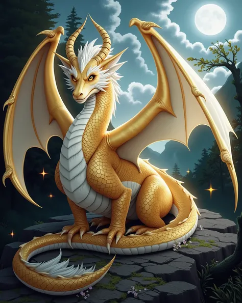 This is a stunning piece of fantasy digital art featuring a majestic golden dragon. Its scales are primarily gold and white, with intricate detailing that gives them a metallic, shimmering appearance. It has large, membranous wings that appear semi-transpa...