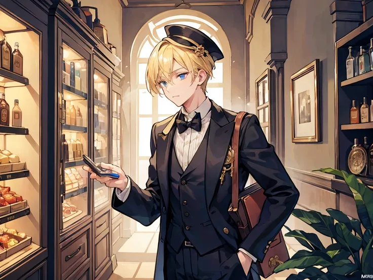 The blond merchant man is wearing a formal suit at the mysterious naughty goods department
