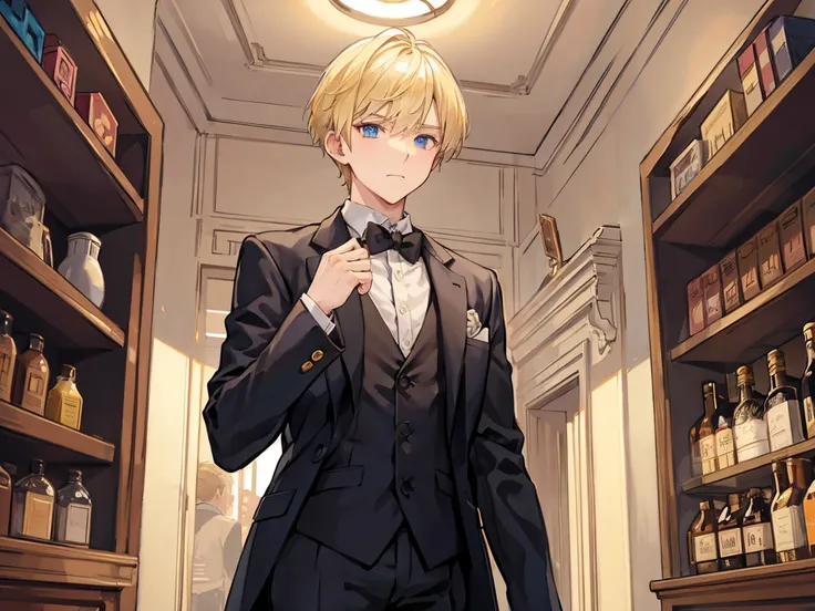 The blond merchant man is wearing a formal suit at the mysterious naughty goods department
