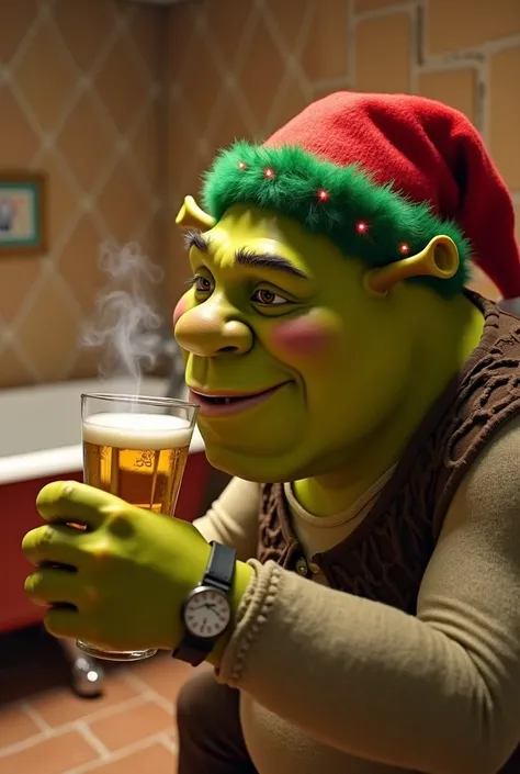 Shrek wearing a Christmas hat in the bathroom with beer