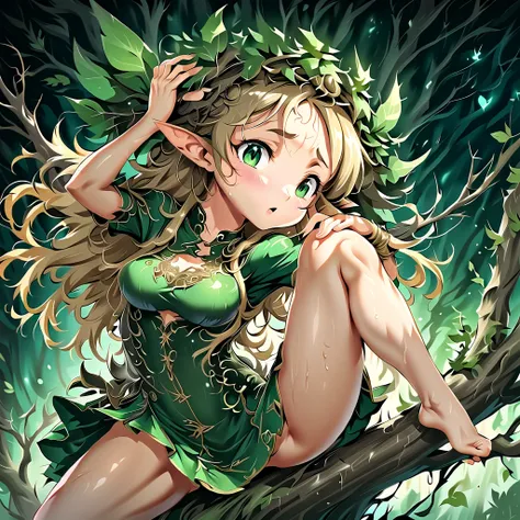 ((masterpiece)), (( top quality )), (( high definition )), (( Highly Detailed CG Unified 8K Wallpaper )), ((On the branches of a tree in a deep forest:1.3)), (( female elf cartoon character ,  pointed elf ears ,  wavy blonde hair ,  green eyes, Skin only:1...