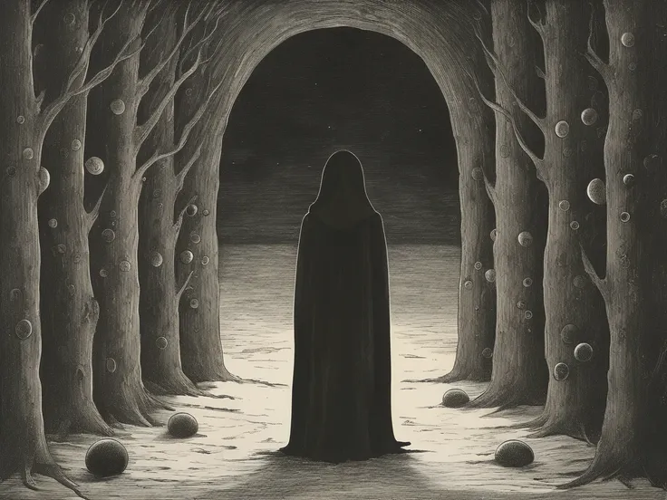 A mysterious and atmospheric scene where the hooded figure stands in shadow, facing the viewer. The face is completely obscured by darkness, with only the faint outline of the hood visible. Behind the figure, an endless expanse of glowing orbs floats in a ...