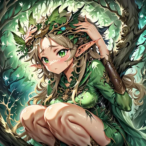 ((masterpiece)), (( top quality )), (( high definition )), (( Highly Detailed CG Unified 8K Wallpaper )), ((On the branches of a tree in a deep forest:1.3)), (( female elf cartoon character ,  pointed elf ears ,  wavy blonde hair ,  green eyes, Skin only:1...