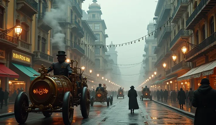 Center of the city of Rio de Janeiro in 1925, Steampunk style;  style station in Rio de Janeiro in 1925 in the form of steampunk;  steampunk style car from Rio de Janeiro from 1925 wet and foggy, The buildings and cars are in the stempunk style ;  (best qu...