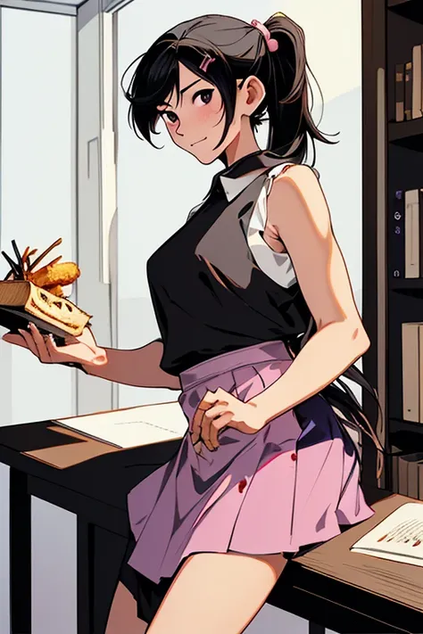  masterpiece , 1 ,  medium breasts, Alone, Karen Araragi, hair ornament,  hair ornament,  side ponytail ,  black hair, food-themed hair ornament, fried ,  Looking at the spectator ,  (food),   long hair, ( black eyes:1.1), purple skirt, sleeveless, pink sh...