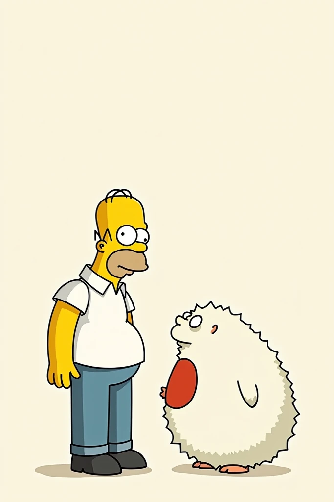 Create the image of homer simpson talking to a white furry whit a red shirt (cartoon style)