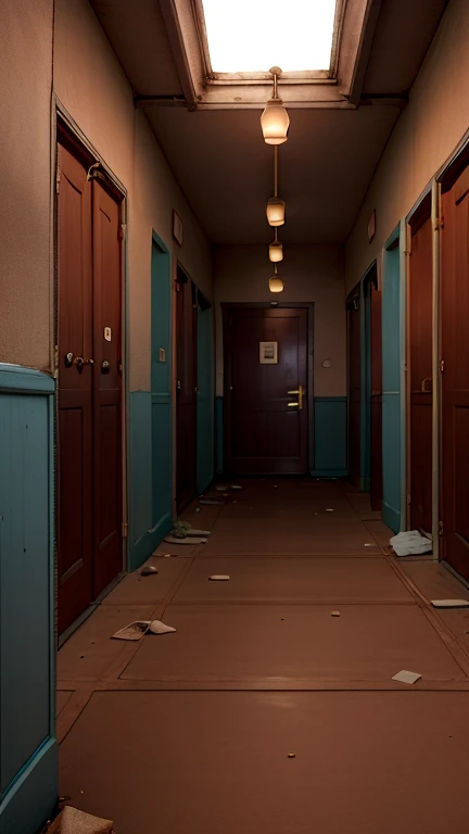 An inside view of an orphanage ,  with shady corridors and closed doors ,  conveying a sense of loneliness and abandonment."