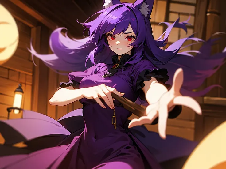 Adult foxgirl holding a potion in a tavern, dark purple hair, purple fluffy ears, red eyes, dark purple dress, masterpiece, high quality, perfect hands