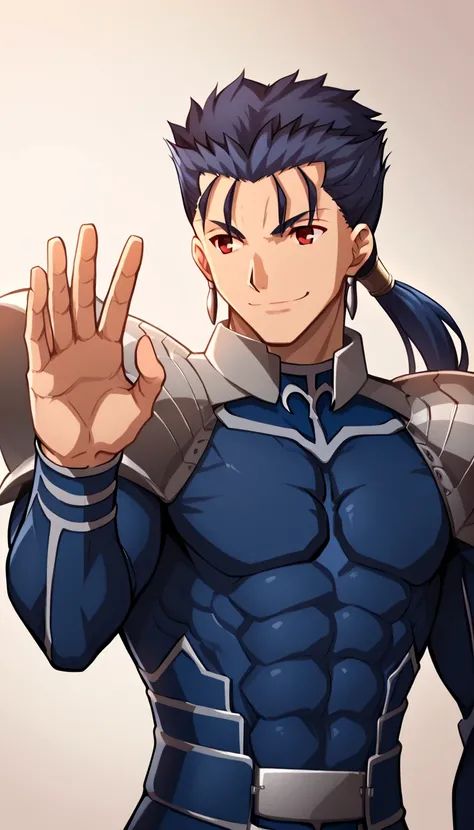 score_7_up,score_6_up,score_5_up,score_4_up,source_anime,lancer_fsn, blue hair, red eyes, long hair, ponytail, at the nape of the neck, fate/stay night, earrings and armor with a flirtatious smile doing the Cat Stretch pose on the ground.