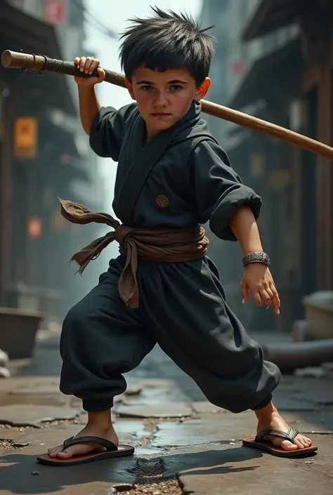 Make this boy a ninja with a stick and wearing flip flopsand make the picture realistic