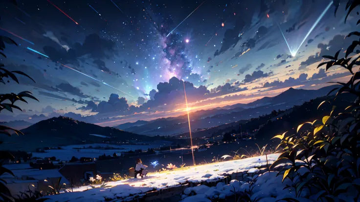 【Flowering hill, Flower blowing snow】, brown-haired woman with a single flower,【【 shooting stars、A comet pulling its tail 、 with a pale light blue glow】】、sunset、hill、cloud、 Beautiful Starry Sky、 the wind is blowing、Wide sky、Brown bob short 