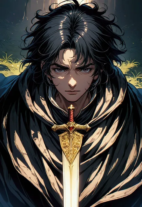 1man, short hair, black hair, messy hair, cloak, from above, medieval, commoner, divine sword, epic, face focus