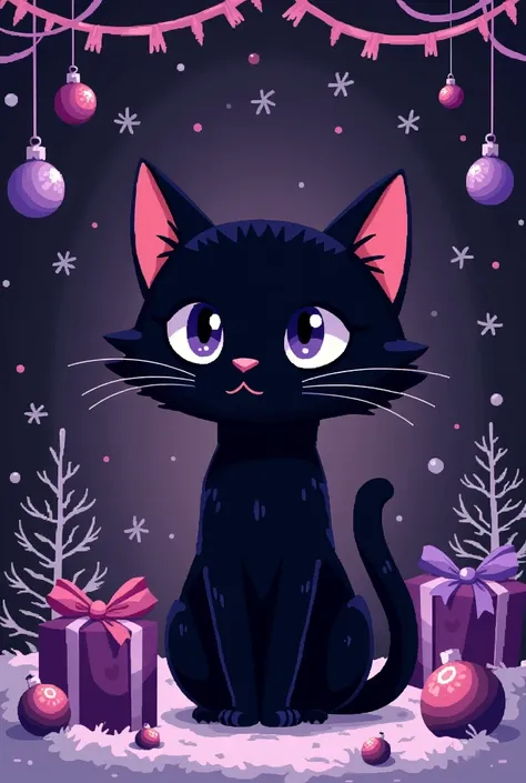 Create an image of a black cat in pixel art style and decorated for Christmas with purple decorations and a decorated black background