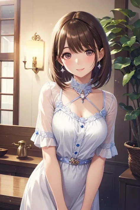 my grandmother、 Shiny chestnut hair ,  short hair, ( Pretty Brown Eyes 、 sparkling eyes , Fine grain)、smile、 super detailed eyes、Highly detailed faces,  very detailed eyes, cowboy shot、


 short hair.  anime girl .  asian girl. Ulzzang. glass. smile.  clev...