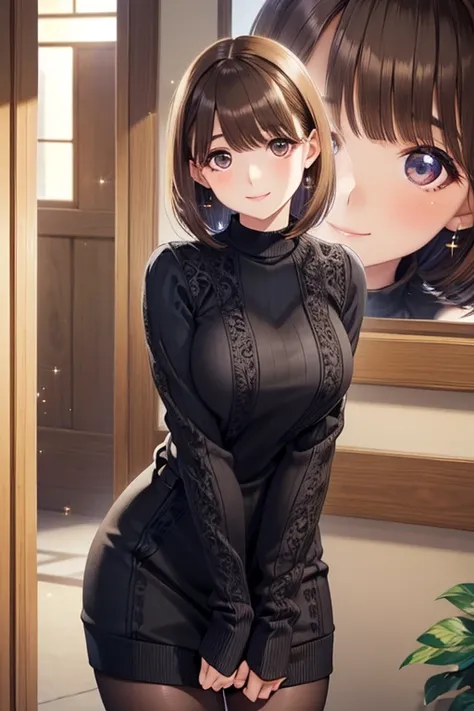 my grandmother、 Shiny chestnut hair ,  short hair, ( Pretty Brown Eyes 、 sparkling eyes , Fine grain)、smile、 super detailed eyes、Highly detailed faces,  very detailed eyes, cowboy shot、nsfw、


 short hair.  anime girl .  asian girl. Ulzzang. Black knit. sm...