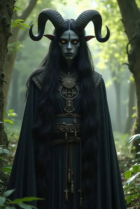  An onyx skin tiefling with yellow eyes with long hair and sheep horns . Wearing the garments of a clearing of the goddess of death Raven Queen 
