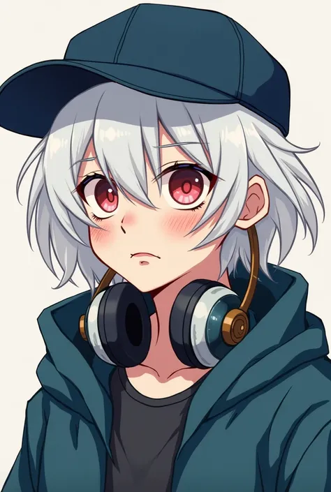 Man with white hair, with a navy blue cap ,  that has headphones on his neck ,  that the boy is a little angry and on his face that he has a lot of freckles,  that his clothes are aesthetic but with a little art ,  that its an anime version.  That the phot...