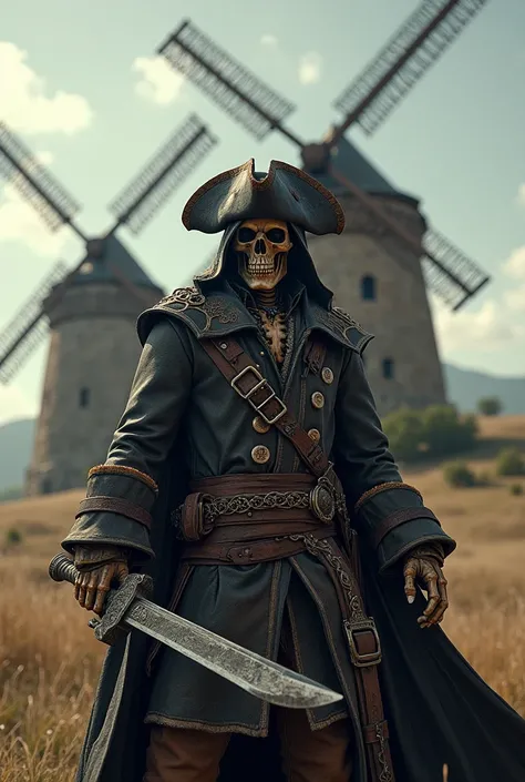 A pirate skulls brandishing his sword and behind 2 windmills in medieval style 