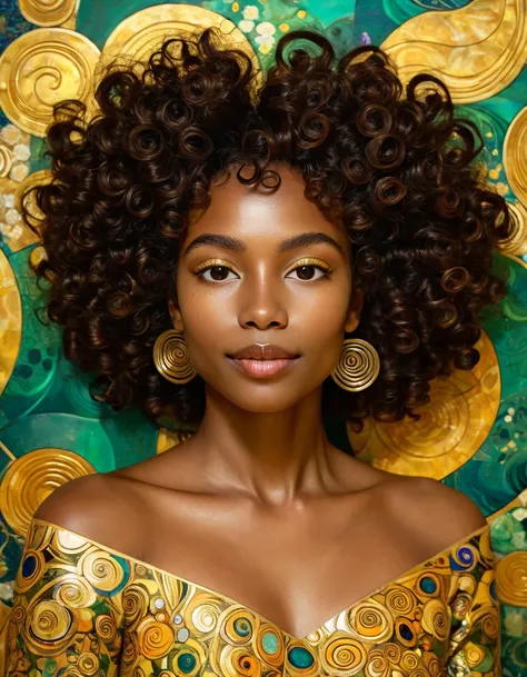 Create a dreamlike portrait of a Black woman in peaceful yet playful repose, inspired by Klimt’s style. Her delicate face, with a mischievous smirk and hazel eyes flecked with green, exudes a sense of intrigue and vitality. Her textured 4a curls frame her ...