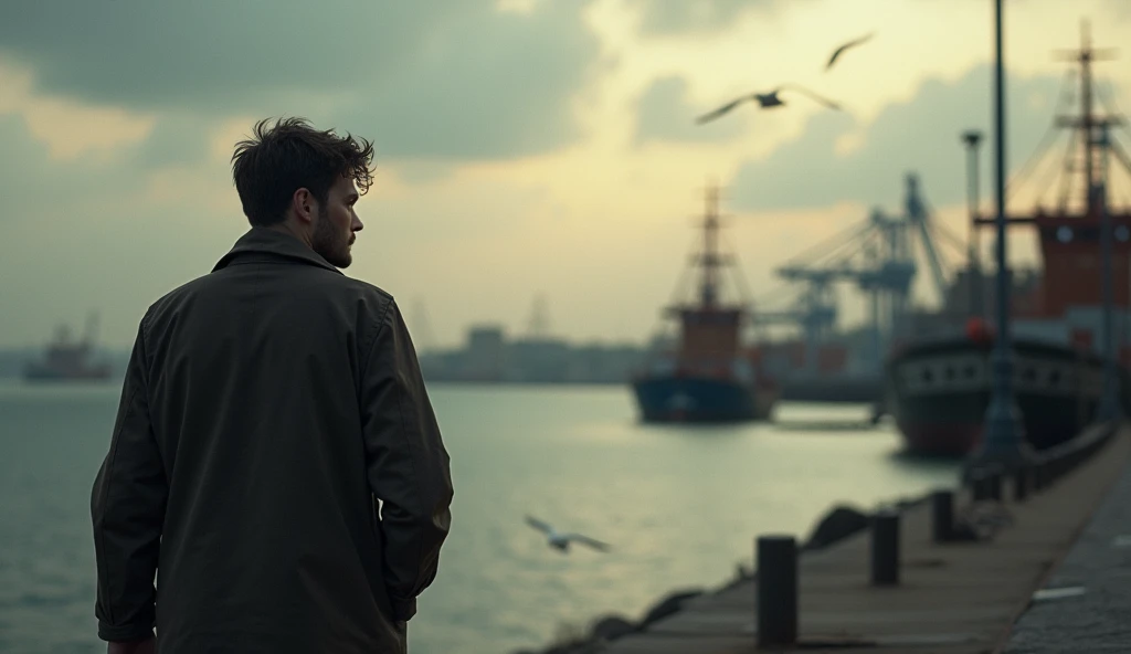  Jonas walking towards a port,  looking at the horizon, with an expression of inner conflict 