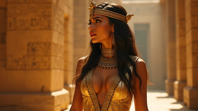 (best quality,4k,highres,masterpiece:1.2),ultra-detailed,realistic:1.37,full body shot,one photorealistic Ancient Egyptian queen, golden gown, deep neckline, jeweled headdress, hieroglyphic walls, warm sunlight, regal pose.vibrant colors, sharp focus, dyna...