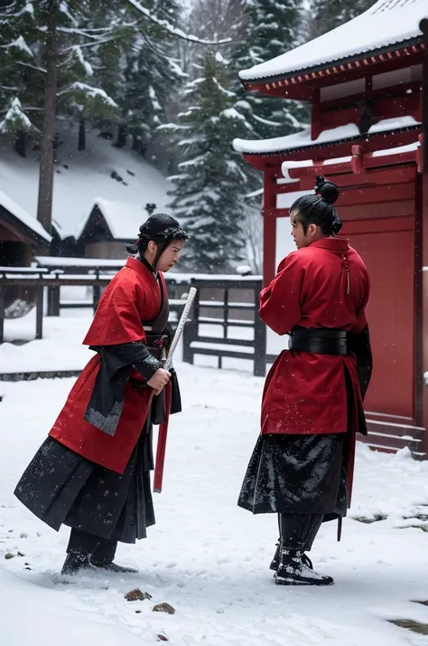 several samurai standing in the snow.
attacking cabriolet.