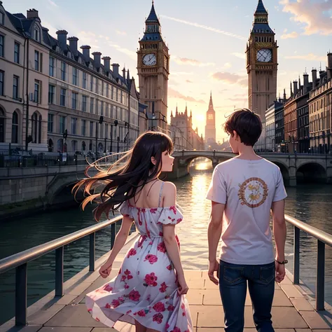 From behind view of a young couple standing and looking at the sun set at the promenade of river thames. Other side of the river is buildings and city lihgts. The Big Ben tower clock is in distance. The boy is in T-Shirts and jeans. The girl is wearing a f...