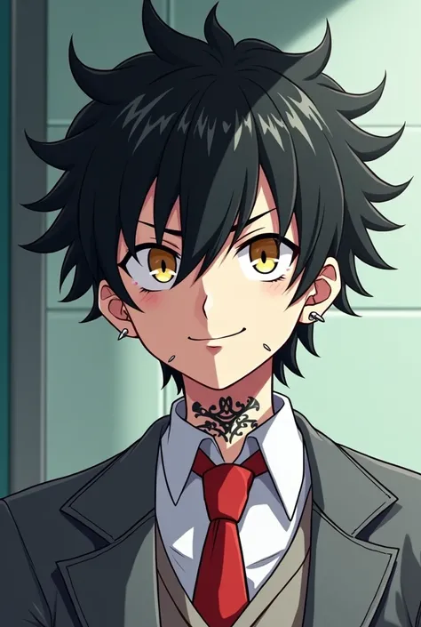 Anime style, teenage boy, wavy black hair, golden eyes, white skin, wearing gray uniform with red tie, piercings, school background, haughty smile, tattoo on neck, tough boy appearance, attractive