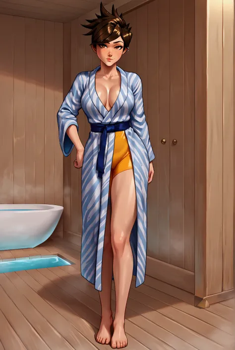 Expressiveh, eye catching, Tracer, brown eyes,thick,curvy, short hair, brown hair, wearing a yukata(Which is a Japanese bathrobe), a slim and toned body and showing her cleavage, full body, closeup, seductive smirk, Japanese bath house 