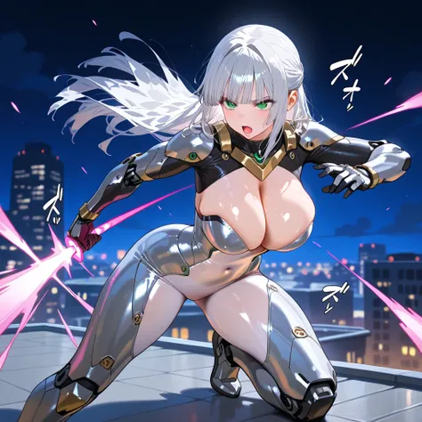 1girl ,shiny skin ,gleaming skin,serious face,green eyes , silver hair,hime cut,half updo,straight hair,eyelashes,lips gloss,half open mouth,,large breasts,beautifully shaped breasts,fine fabric emphasis,(shinobi costume:0.9),mechanical arms,mechanical leg...