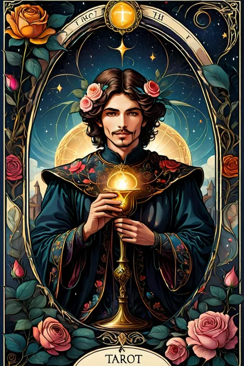 (((Patterned exquisite Tarot Card ))), romantic with a rose in his teeth