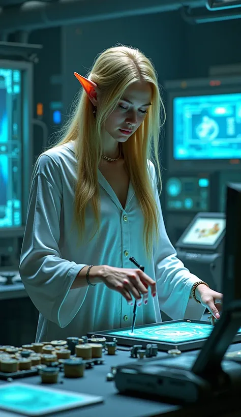  An adult elf with long blond hair . elongated ears. In a laboratory creating futuristic technology.