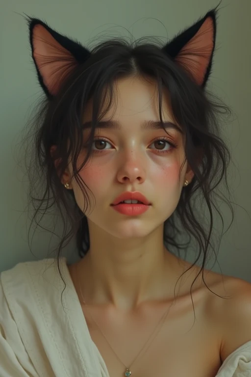 woman with cat ears on her head in a bathroom  ,  a hyperrealistic painting inspired by Julia Pishtar, reddit, tachisme,  has a beautiful and expressive face , nodded,  she has a pretty face ,  Very beautiful and cute kitten , low quality video, extremadam...