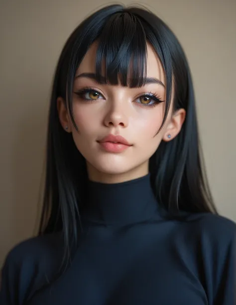 Metal robot bangs super sexy woman with long black hair