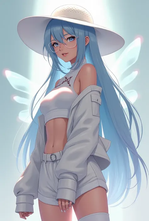 female anime short white leather oversized white warmers ululemon hotti hot shorts in white white flowy fairy ok leg warmers white and silver long cybernetics white hat perforated emo Cross glasses under light skin for profile photo 