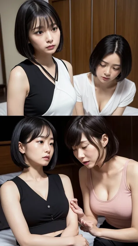 realistic and  clear  photos ,  Realistic Pictures，Two women restrained ，Two women about to be raped，Images of two women handcuffed ，Two women aged 35 and 34  ， Two Japanese Mature Women ， Two women sitting side by side on bed，married， anger ，Height 150cm，...