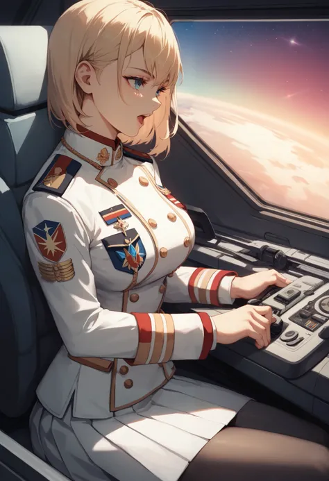 masterpiece,  top quality ,  high definition , Ramius 1,  One Girl , Alone, (black_ pantyhose:1.1), military uniform, military, Compensate,  white shirt,  White Skirt,  tight skirt ,  sitting,  upper body,  cockpit, space,   Open Your Mouth ,Completely nak...